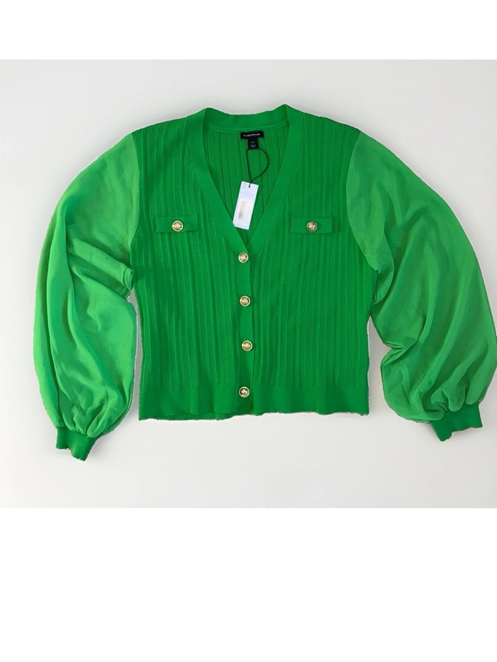 Karen Millen Green Plissé Rib Knit Cardigan Gold Button V-Neck Sweater NWT XXXL - Picture 8 of 12